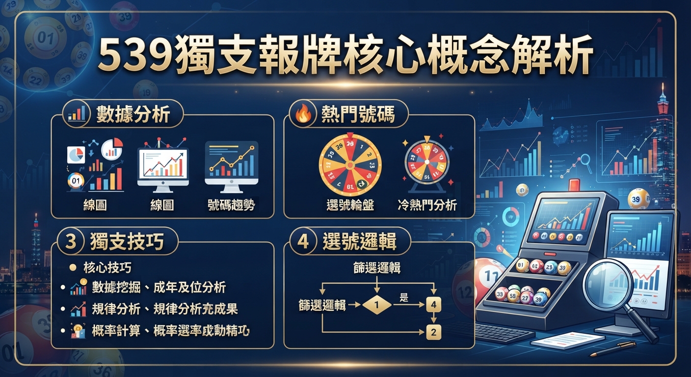 這張圖片以深色科技風格為背景,展示了「539獨支報牌核心概念解析」的主題。 畫面中結合了數據分析圖表、彩球與報牌技巧解析的視覺元素。