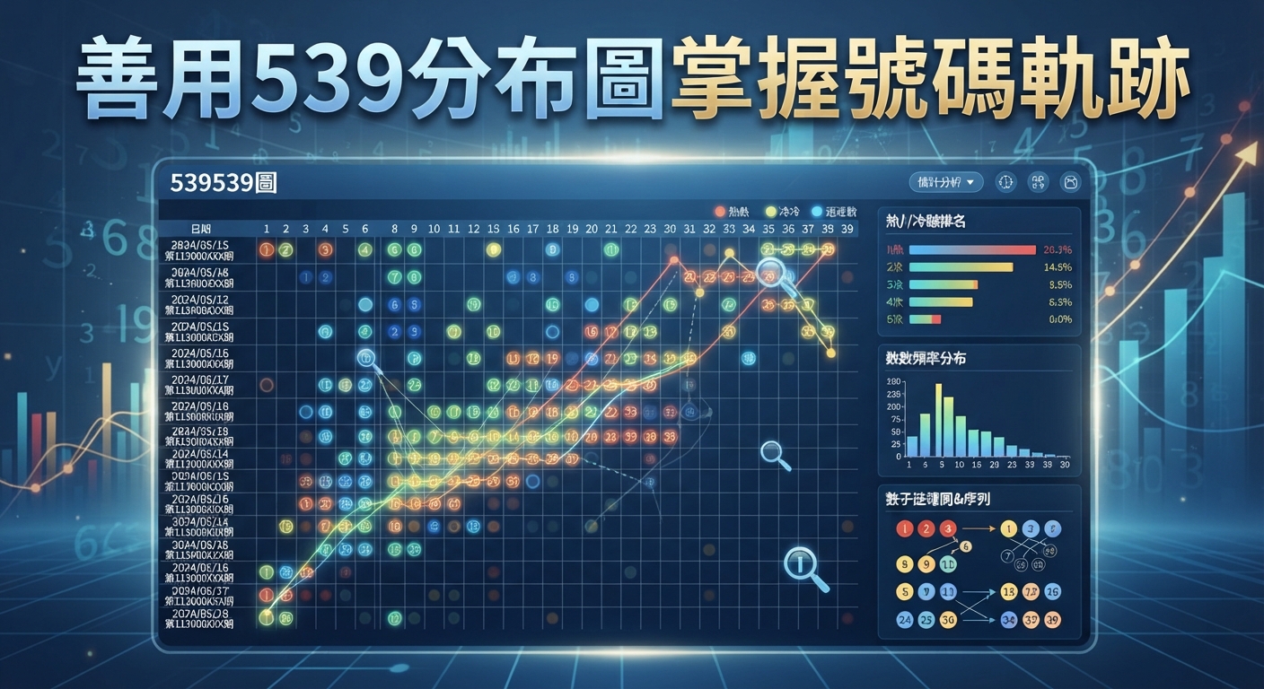圖片展示了一張基於數據分析的539號碼分佈圖表,背景帶有科技感的藍色網格與趨勢線條。 畫面頂部醒目地標註了繁體中文標題「善用539分布圖掌握號碼軌跡」。